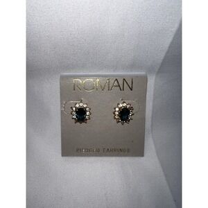 Vintage Clear Rhinestones & Faux Blue Sapphire‎ Stone Pierced Earrings ROMAN